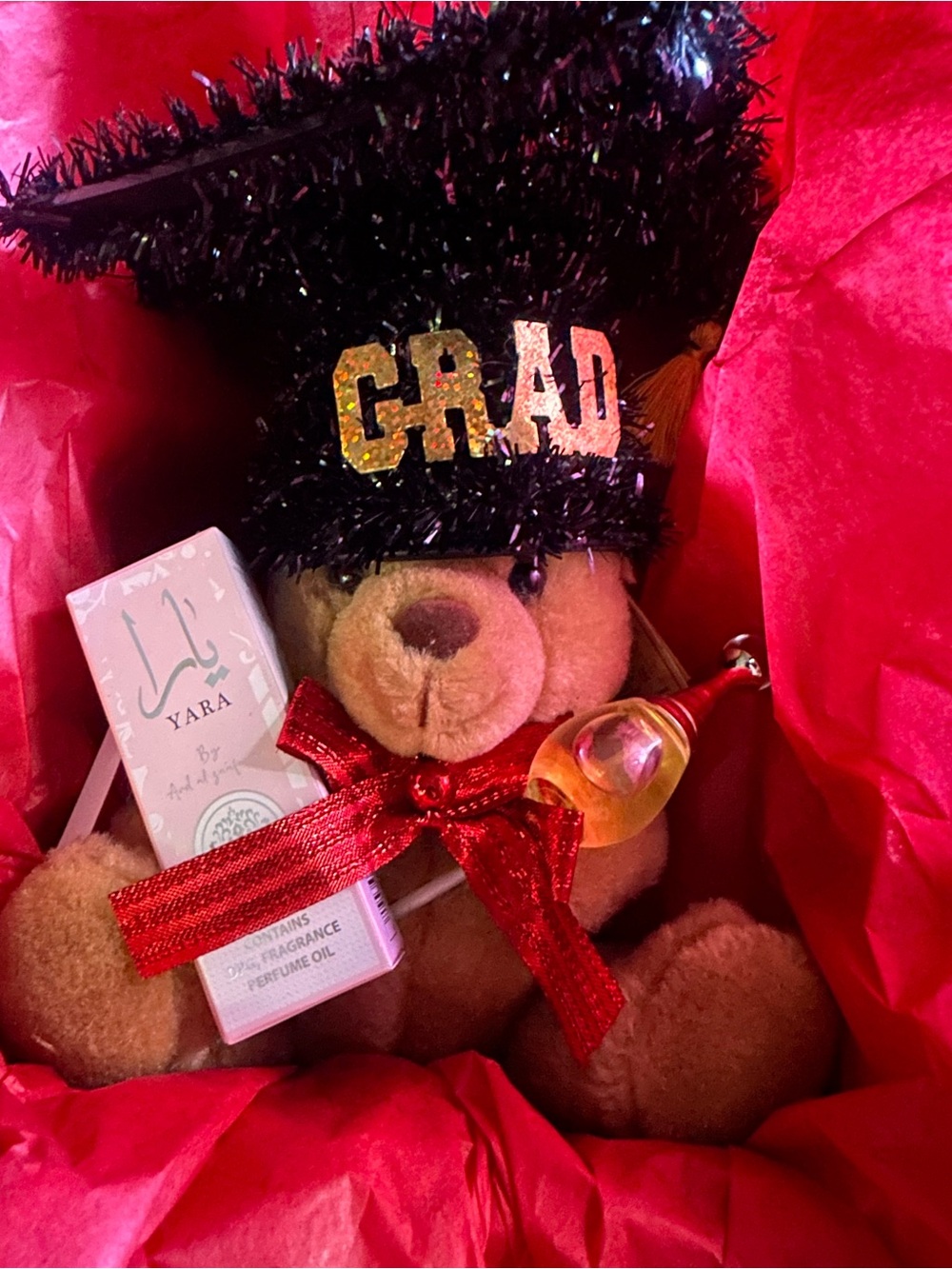 Graduation Gift Bear w/Dior Perfume & Mini Ard Al Zaafaran Yara Roll On